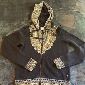 Lucky Brand Hooded Sweater Hoodie Hoody Blue Zipper Zip Boho Print 100%cotton